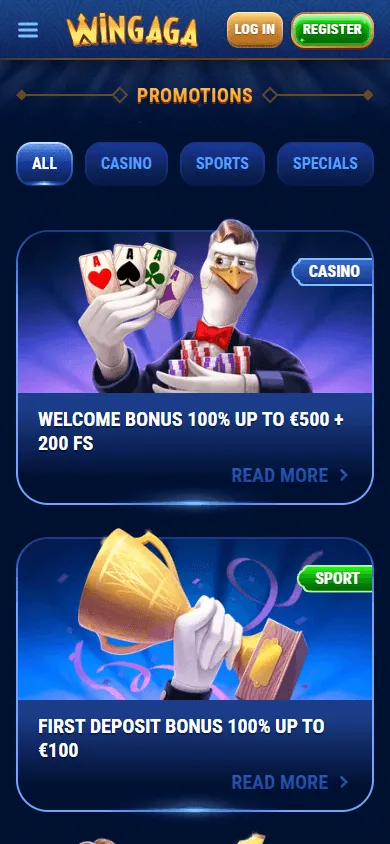 Wingaga Casino promotions area on a mobile phone