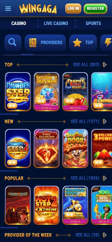 Wingaga Casino games area on a mobile phone