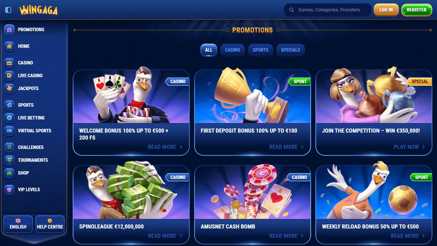 Wingaga Casino promotions area on desktop