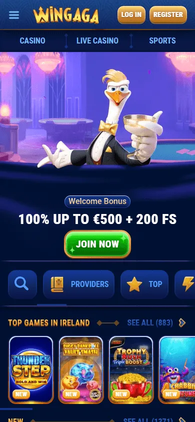 Wingaga Casino homepage on a mobile phone
