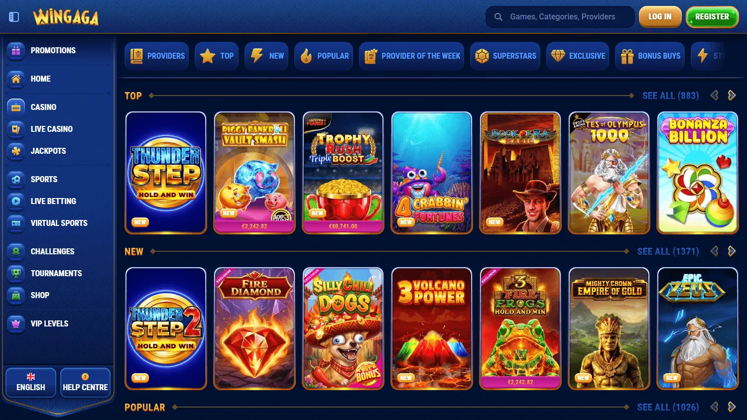 Wingaga Casino games area on desktop