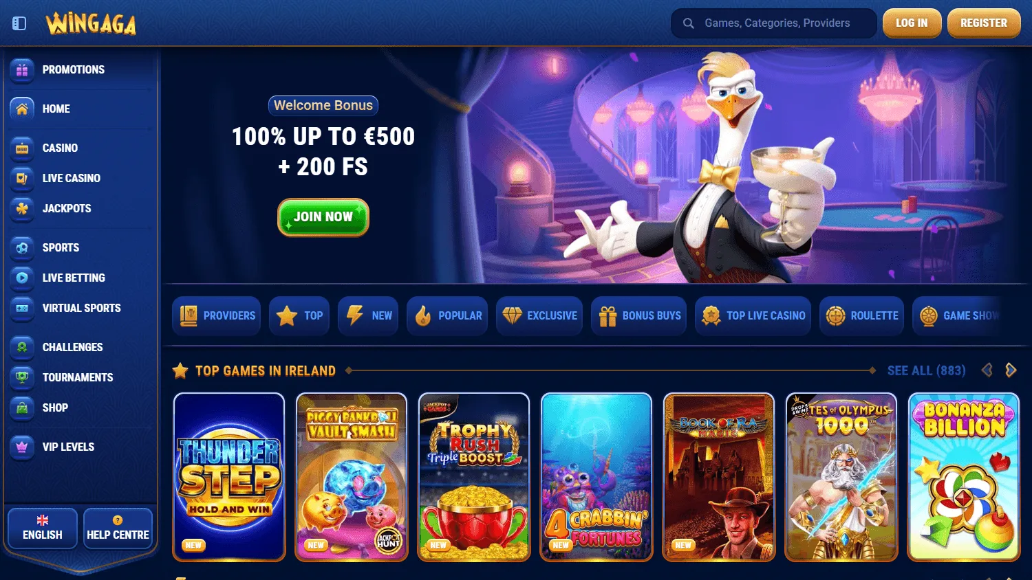 Wingaga Casino homepage on desktop